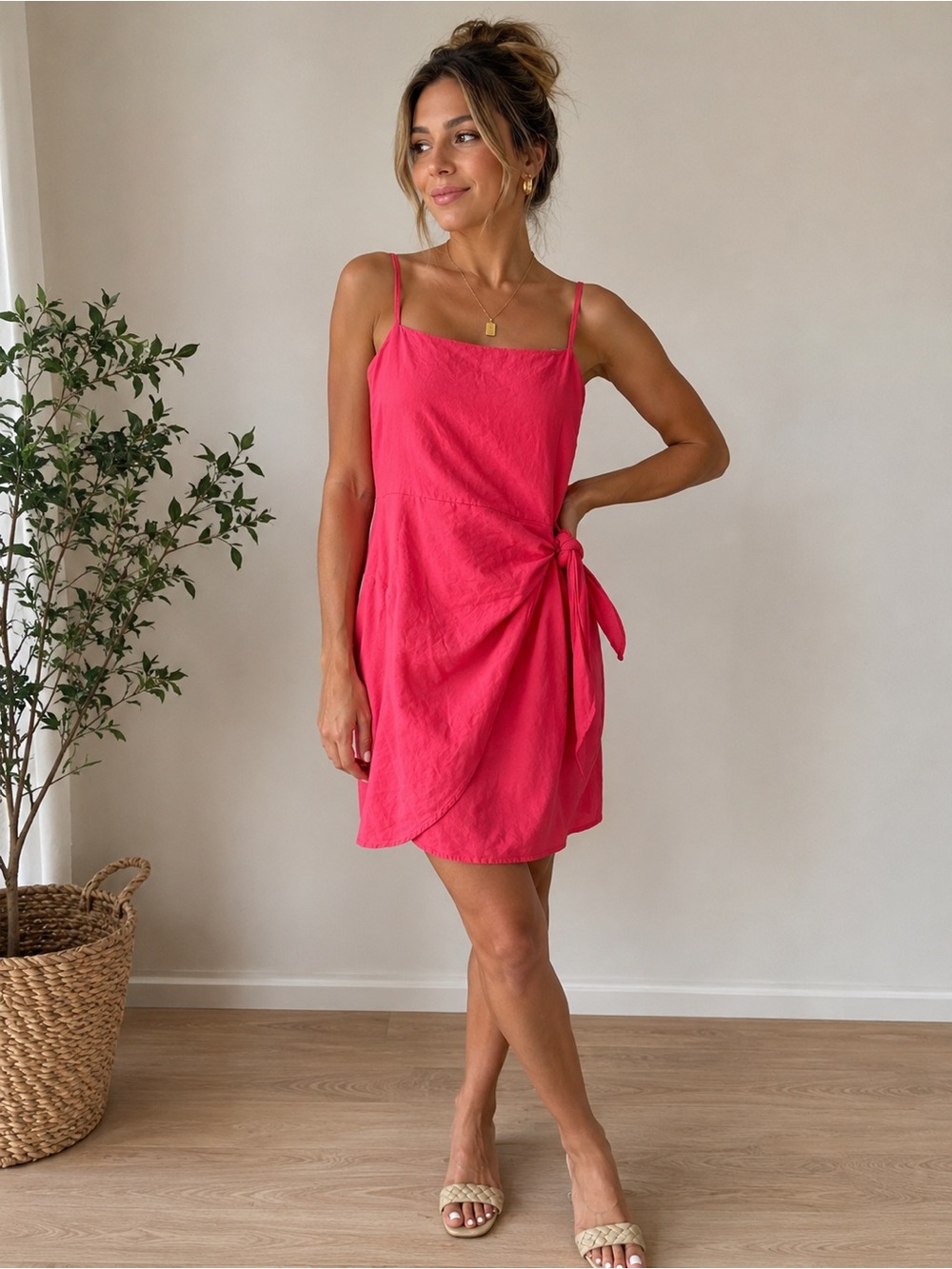 ONLY Linen Pink Tie-Waist Wrap Mini Dress